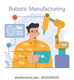 Robotic manufacture. Automated systems or AI working for manufacturing process. Industrial robots development. Business integration with automated technology. Flat vector illustration