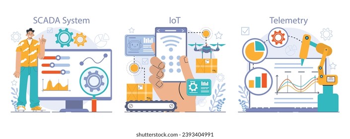 Robotic manufacture set. Automated systems or AI working for manufacturing process. Industrial robots development. Business integration with automated technology. Flat vector illustration