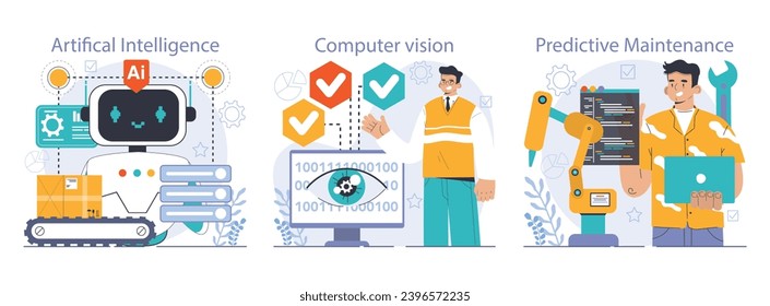 Equipo de manufactura robótica. Sistemas automatizados o IA que trabajan para procesos de fabricación. Desarrollo de robots industriales. Integración del negocio con tecnología automatizada. Ilustración vectorial plana