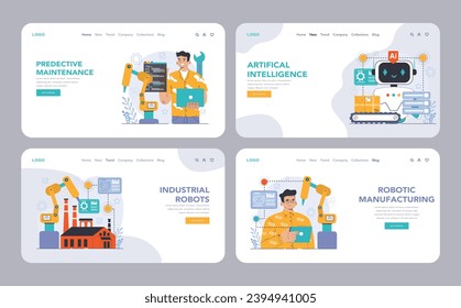 Robotic manufacture web or landing set. Automated systems or AI working for manufacturing process. Industrial robots development. Business integration with automated technology. Flat vector