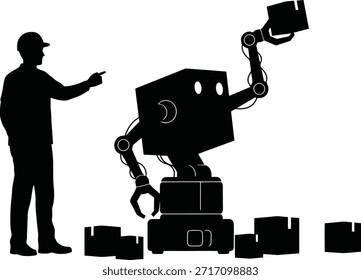 Robotic manufacturing arm silhouette vector illustration featuring automated machine in factory line.