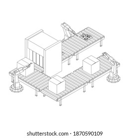 Brazo de fabricación robótica, mano mecánica de montaje de la industria de la tecnología. Transportador de rodillos regular con placas de circuitos y cajas empaquetadas. Ilustración vectorial de malla baja de malla de alambre