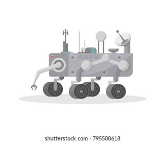 Robotic mars rover with hand manipulator icon. Space autonomous vehicle for planet exploration and cosmic colonization vector illustration in flat style.