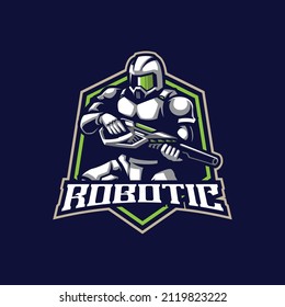 Vector de diseño de logotipo de mascota robótica con estilo de ilustración moderno para impresión de insignias, emblemas y camisetas. Ilustración robótica con pistolas en la mano.