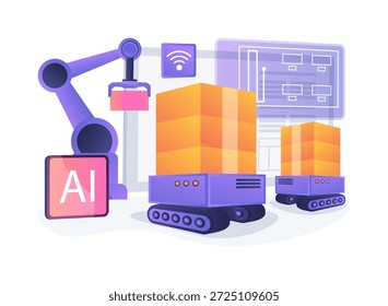 Roboter Material Handling abstraktes Konzept, Vektorgrafik. Automatisiertes, geführtes Fahrzeug transportiert Rohstoffe zwischen den Produktionsstationen nach einem festgelegten Zeitplan. abstrakte Metapher.