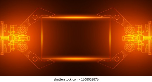 A robotic mechanical arm .Technology neon background .Computer aided design systems. Modern industrial technology - Vector illustration .