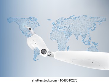 A robotic mechanical arm is touching on world map display.  Cybernetic organism with an Artificial Intelligence working with virtual Infographic HUD. Futuristic design concept. 