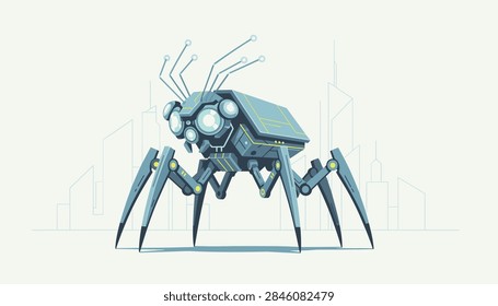Robotic mechanical bug with multiple legs and antenna wires standing against a faint high-tech cityscape, representing artificial intelligence.