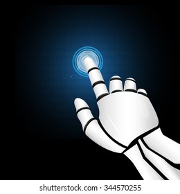 Robotic mechanical hand working with display. Vector illustration