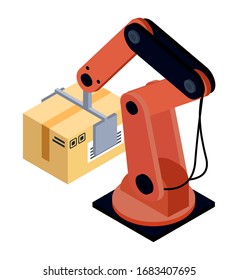 Robotic mechanism hold carton package. Smart machine packaging products in cardboard boxes. Automated production and delivery on factory. Vector illustration of automation and shipment in flat style