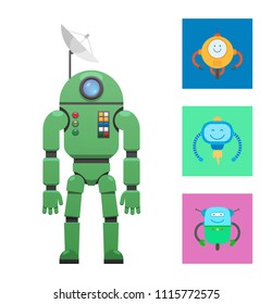 Robotic mechanisms collection with hands and window, satellite above face, development of mechanical constructions isolated on vector illustration.