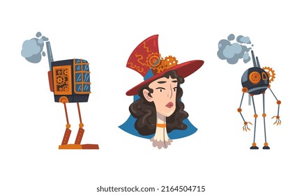 Robotic mechanisms and head of woman in steampunk headgear cartoon vector illustration