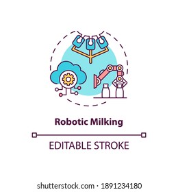 Robotic milking concept icon. Automated cow product manufacture. Factory equipment. Dairy industry idea thin line illustration. Vector isolated outline RGB color drawing. Editable stroke