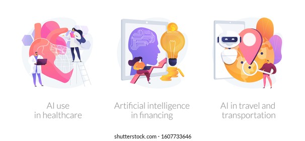 Robotic modern technologies, automated assistant. AI use in healthcare, artificial intelligence in financing, AI in travel and transportation metaphors. Vector isolated concept metaphor illustrations.