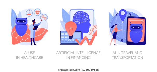 Robotic modern technologies, automated assistant. AI use in healthcare, artificial intelligence in financing, AI in travel and transportation metaphors. Vector isolated concept metaphor illustrations.