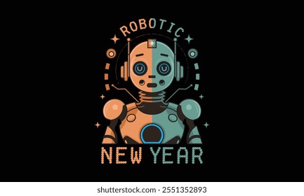 Robotic New Year, New Year Vector T Shirt Design Template, Wall Art, Mug, Sticker, Banner, Tee, Hoodie, Printable, Illustration