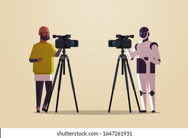 robotic operator with cameraman using video camera on tripod robot vs human standing together broadcasting artificial intelligence technology concept flat full length horizontal vector illustration