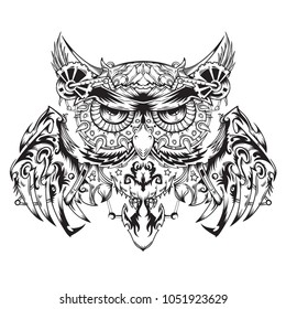 Robotic Owl, mechanical owl, black metal, vector illustration isolated on white background