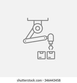 Robotic packaging line icon for web, mobile and infographics. Vector dark grey icon isolated on light grey background.