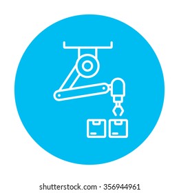 Robotic packaging line icon for web, mobile and infographics. Vector white icon on the light blue circle isolated on white background.