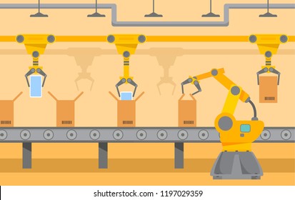 Robotic packing conveyor belt.Automated robot arm.Cardboard boxes.Smart industrial factory.Concept horizontal banner. Flat vector.Industrial plant.Production assembly line smartphone.Industry 4.0