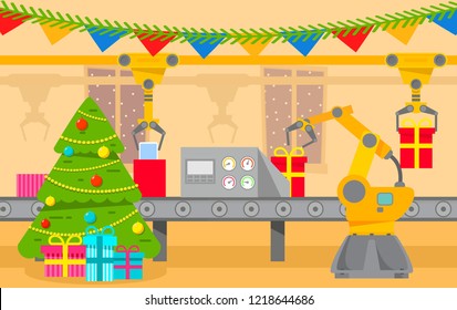 Robotic packing conveyor belt.Automated robot arm.Decorated christmas tree.Merry Christmas.Gift boxes.Packing of smartphone.Star and balls.Flat vector.Greeting card.Cardboard boxes.Industrial factory.