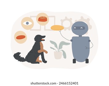 Ilustración vectorial de concepto aislada de cuidadores de mascotas robóticas. Robot cuidador de mascotas, entretenimiento interactivo, mantener un ojo en, solución robótica de cuidado de animales en el hogar, concepto de Vector de servicio de control inteligente.