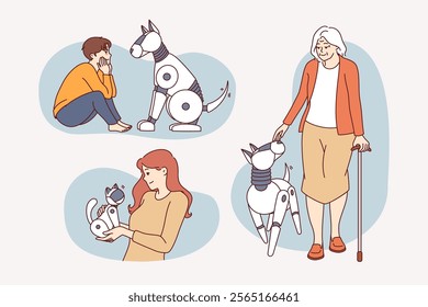 Robotic pets in form of cats and dogs walk and play with owners of different ages. People spend time with robotic animals or robot pets to avoid allergic reactions to puppies and kittens