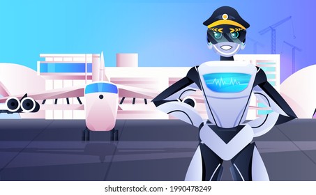 Roboter-Pilot in Uniform-Roboterkapitän in der Nähe des Flugzeugtechnikkonzepts der künstlichen Intelligenz