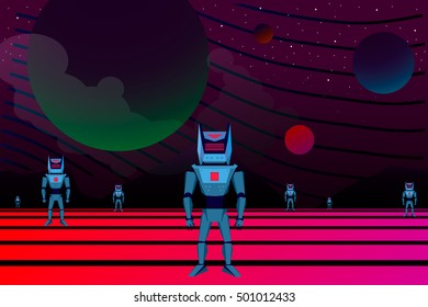 Robotic planet surface made in flat design new retro wave style with purple cosmic background 