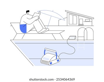 Ilustrações isoladas de vetor de desenhos animados com limpador de piscina robótica. Limpeza de piscina profissional com máquina robótica, tecnologia moderna, equipamento doméstico inteligente, desenho animado vetor de água transparente.