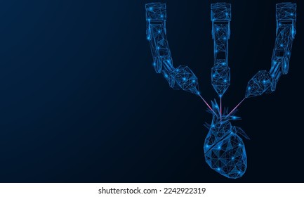 Robotic printer prints a human heart. Polygonal design of interconnected lines and points. Blue background.