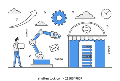 Robotic process automation. Automated machinery, artificial intelligence vector monocolor illustration