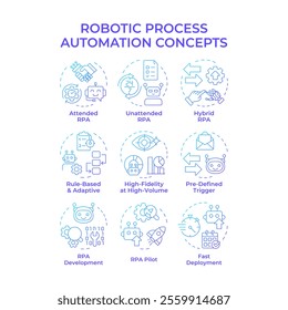 Robotic process automation blue gradient concept icons. Workflows digitalization technology. RPA benefits. Icon pack. Vector images. Round shape illustrations for presentation. Abstract idea