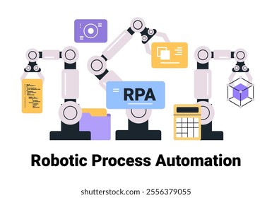 Robotic process automation concept with robotic arms interacting with digital elements like code files and graphs. Technology innovation theme