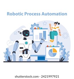 Automatisierungskonzept für Roboter. Bietet einen Überblick über die von der KI ausgehende Effizienz im Geschäftsbetrieb. Vereinfachen Sie komplexe Workflows mit Robotik. Flache Vektorgrafik.