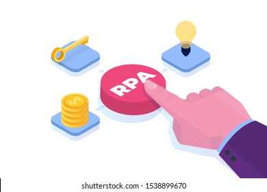 Robotic Process Automation concept. Hand press button with RPA inscription. Vector illustration.