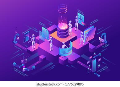 Automatisierungskonzept Roboter mit Robotern, die mit Daten arbeiten, Dateien in den Armen verschieben, Informationen von Websites extrahieren, digitaler Technologieservice, 3D-isometrische Vektorgrafik
