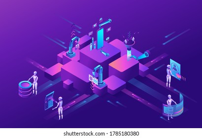 Robotic process automation concept with robots working with data, arms moving files, extracting information from websites, digital technology service, 3d isometric vector illustration