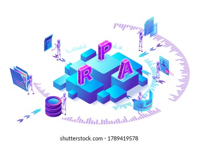 Robotic process automation concept with robots working with data, arms moving files, extracting information from websites, digital technology service, 3d isometric vector illustration