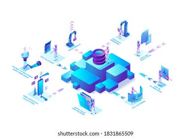 Robotic process automation concept with robots working with data, arms moving files, extracting information from websites, digital technology service, 3d isometric vector illustration