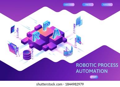 Robotic process automation concept with robots working with data, arms moving files, extracting information from websites, digital technology service, 3d isometric vector illustration