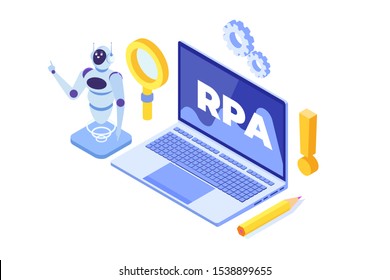 Robotic Process Automation Concept, RPA. Robot Or Chat Bot Helps People In  Different  Tasks. Vector Isometric Illustration.