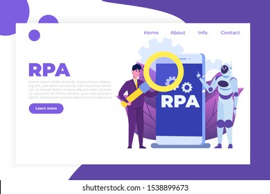 Robotic Process Automation Concept, RPA. Robot Or Chat Bot Helps People In  Different  Tasks. Vector Illustration.