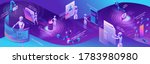 Robotic process automation horizontal banner with robots working with data, arms moving files, extracting information from websites, digital technology service, 3d isometric vector illustration
