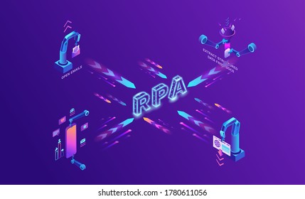 Robotic process automation infographics with robots working with data, arms moving files, extracting information from websites, digital technology service, 3d isometric vector illustration