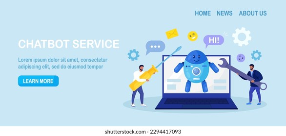 Robotic process automation innovation technology. People develop chatbot with electronic tools, software. Artificial Intelligence in marketing. FAQ. Chat bot virtual assistant. Customer support