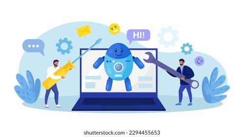 Robotic process automation innovation technology. People develop chatbot with electronic tools, software. Artificial Intelligence in marketing. FAQ. Chat bot virtual assistant. Customer support