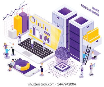 Robotic process automation isometric composition with little human characters and images of office workspace essential elements vector illustration