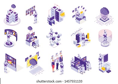 Robotic process automation isometric icons with isolated images of robots electronics computer screens and futuristic interfaces vector illustration